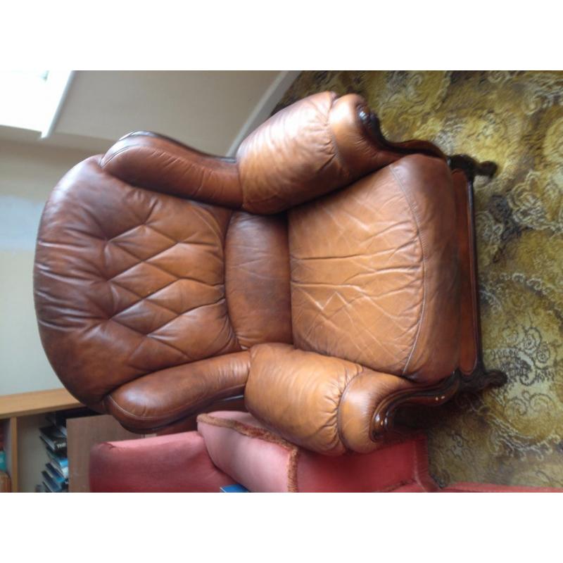 Tan Brown Leather Winged Chair