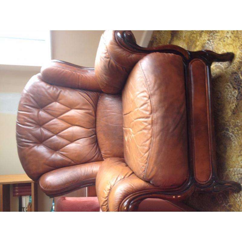 Tan Brown Leather Winged Chair