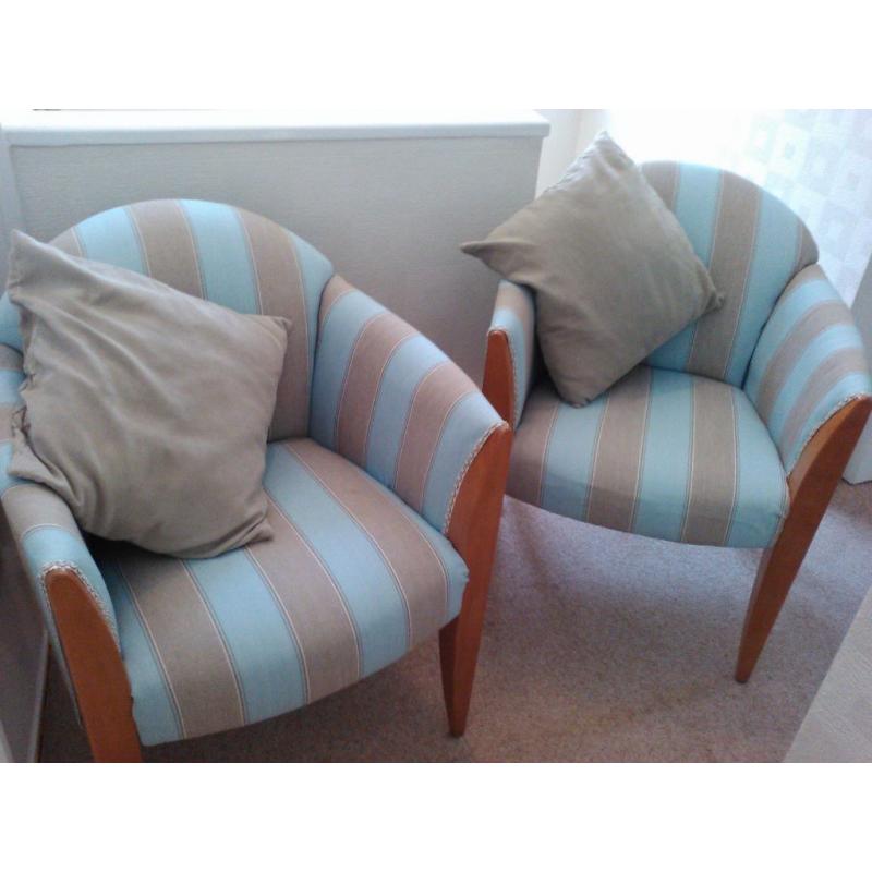 PAIR of re-upholstered tub style chairs in lovely duck egg blue / beige stripe fabric