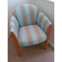 PAIR of re-upholstered tub style chairs in lovely duck egg blue / beige stripe fabric