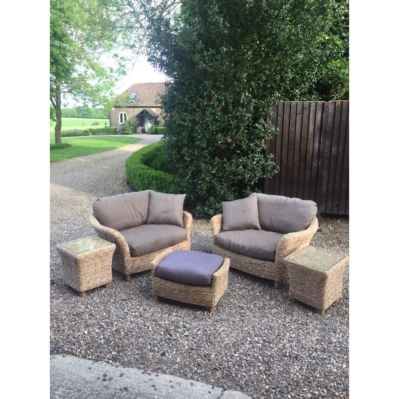 2 Rattan Sofas with 2 Side Tables & Footstool