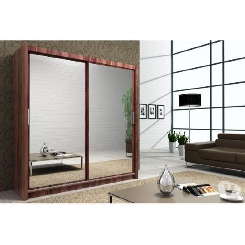 Brand New Chicago 2 Door Sliding Wardrobe with Mirrors, Hanging Rails in Black/White/Wenge/Walnut