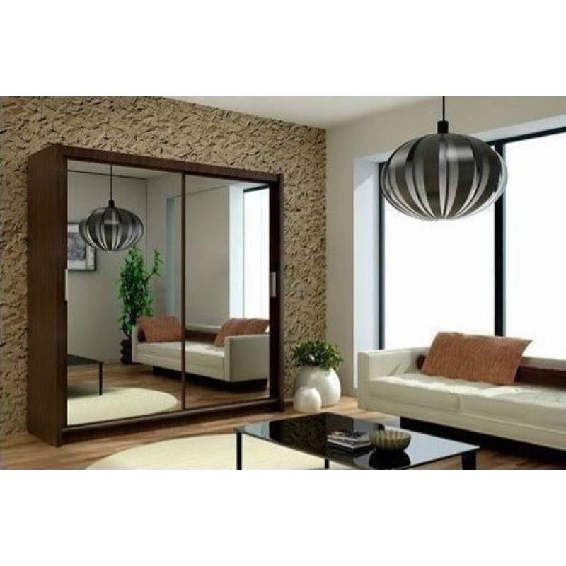 Brand New Chicago 2 Door Sliding Wardrobe with Mirrors, Hanging Rails in Black/White/Wenge/Walnut