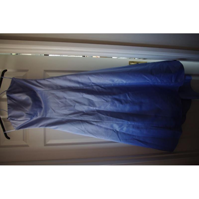 LADIES LONG MID-BLUE SATIN PROM/BRIDESMAID DRESS SIZE 8 DEBENHAMS -WORN ONCE- COLLECT ONLY BENFLEET