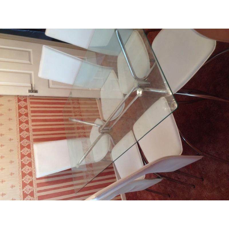 Dining table with 6 white faux leather chairs