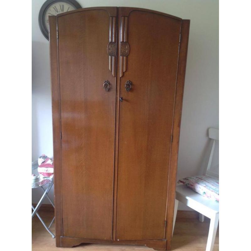 Vintage Wooden Wardrobe with Shelves, Mirror and Clothes Rail