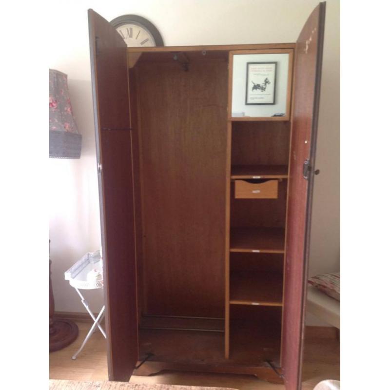 Vintage Wooden Wardrobe with Shelves, Mirror and Clothes Rail