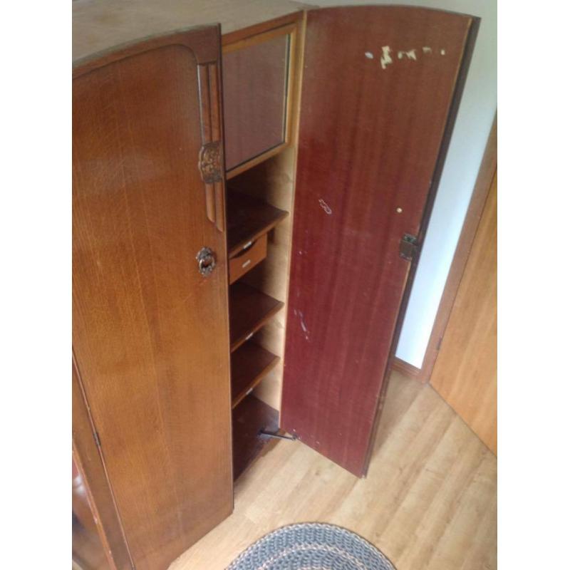 Vintage Wooden Wardrobe with Shelves, Mirror and Clothes Rail