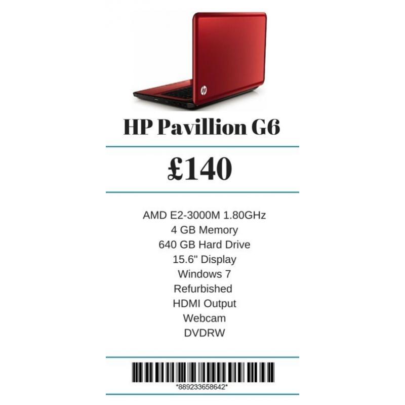 Refurbished HP Pavillion G6 AMD E2-3000M 1.80GHz 4 GB Memory 640 GB Hard Drive 15.6" Display