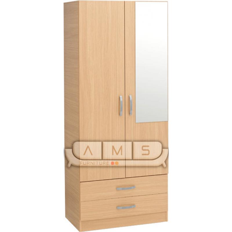 READY-BUILT - 2 Door Wardrobe with Mirror, Shelf, Hanging Rail - BRAND NEW IN ALL COLOURS