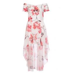 Ladies Size 8 - Cream and Red Flower Print Bardot Dip Hem Dress from Quiz