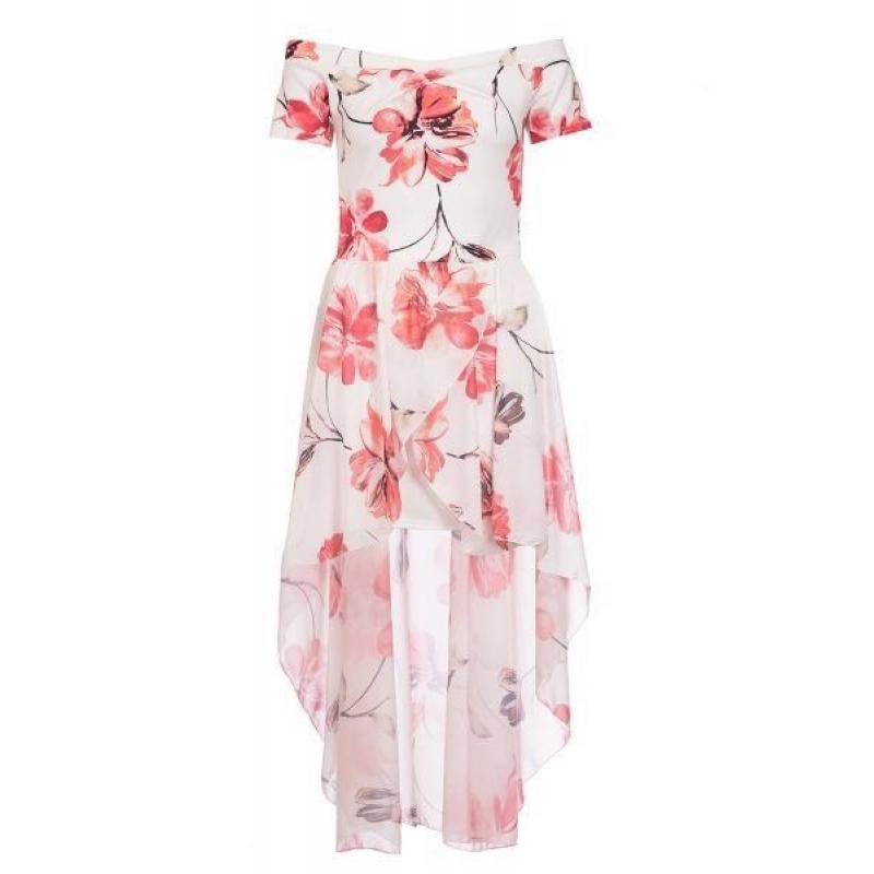 Ladies Size 8 - Cream and Red Flower Print Bardot Dip Hem Dress from Quiz