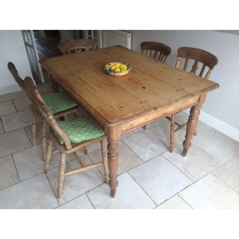 Rustic antique pine table and 5 chairs