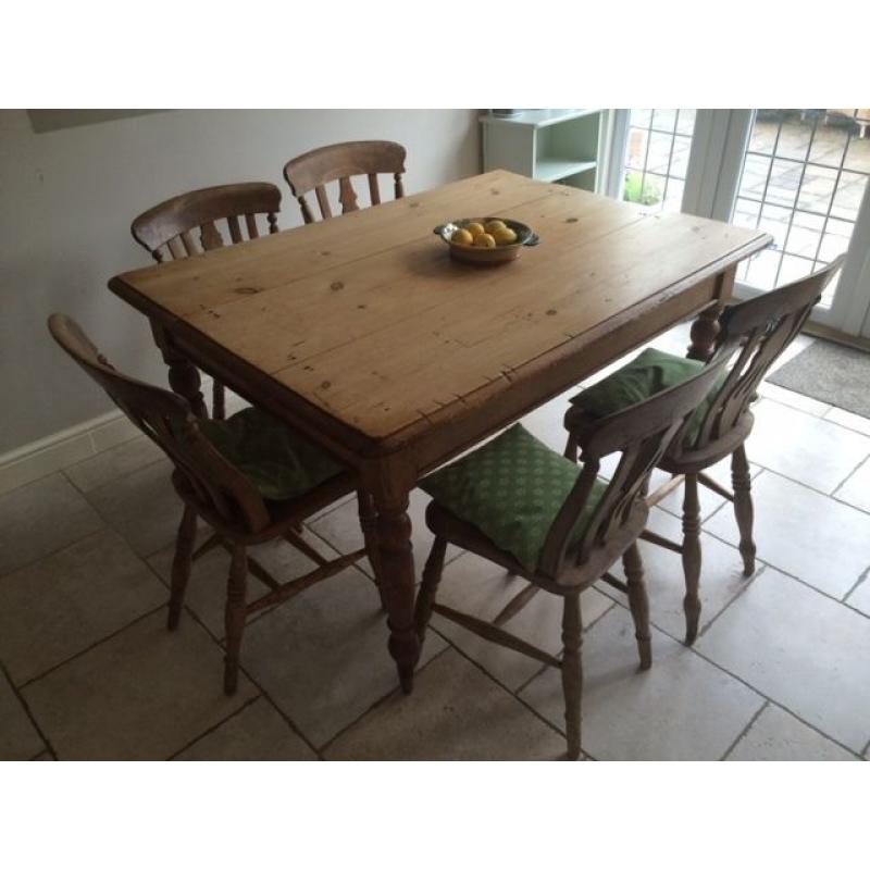 Rustic antique pine table and 5 chairs