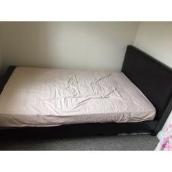 Small double brown leather bed and mattress