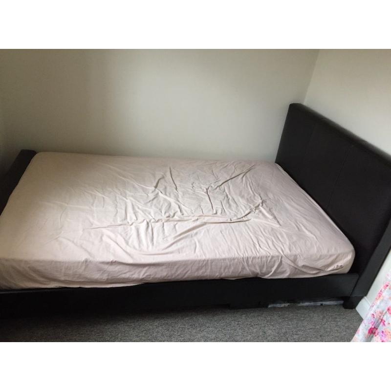 Small double brown leather bed and mattress