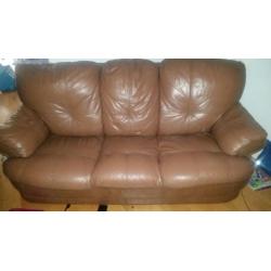 3 brown leather sofas 2x 1 recliner seater and 1x 3 seater