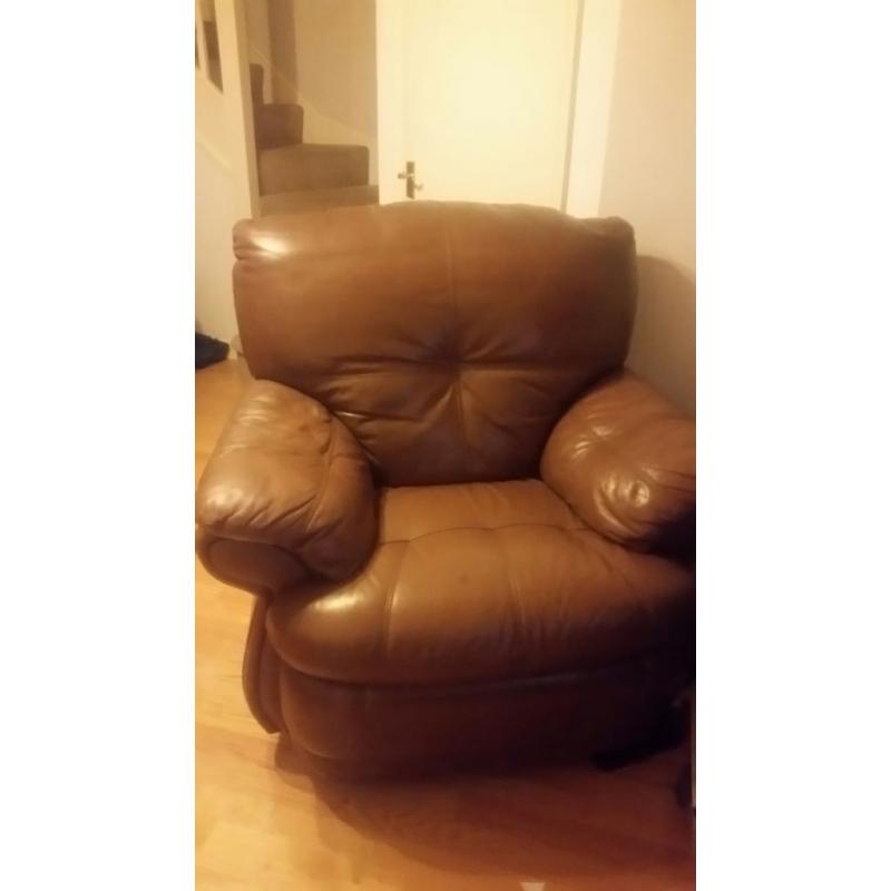 3 brown leather sofas 2x 1 recliner seater and 1x 3 seater