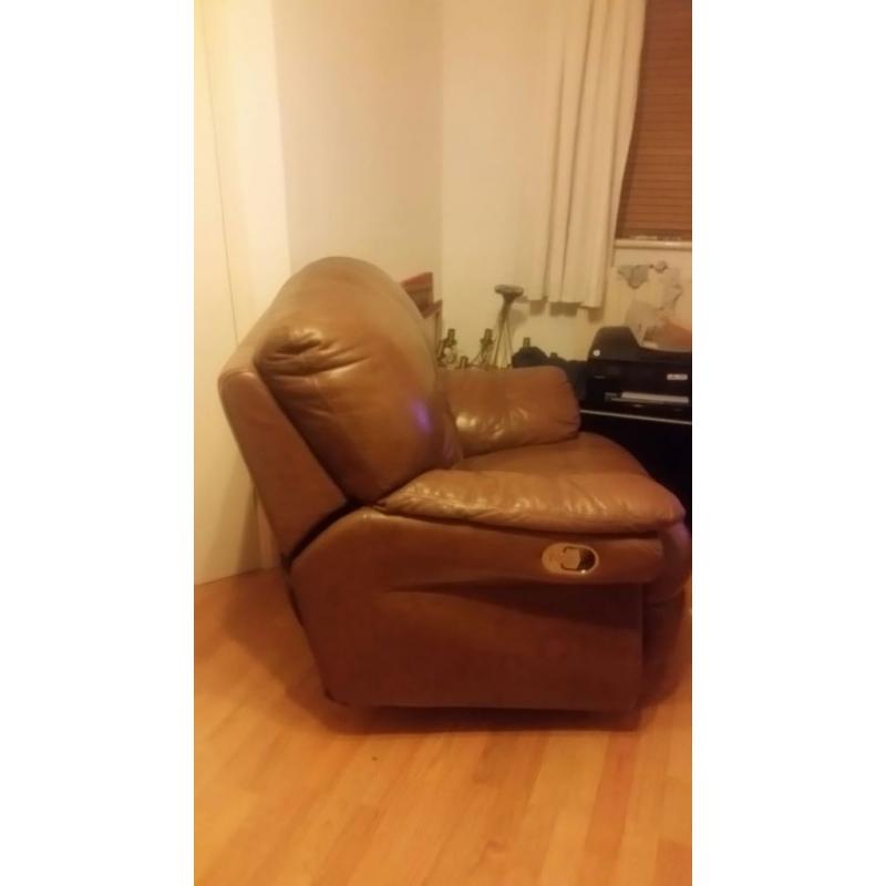 3 brown leather sofas 2x 1 recliner seater and 1x 3 seater