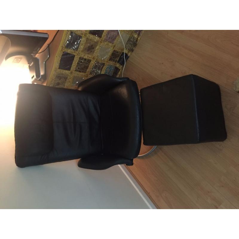 Black Leather Reclining Swivel Chair with Footstool