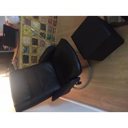 Black Leather Reclining Swivel Chair with Footstool