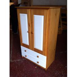 Kids Tall Boy wardrobe with 2 drawers in Antique Pine and White - Ex-Dipslay local delivery possible