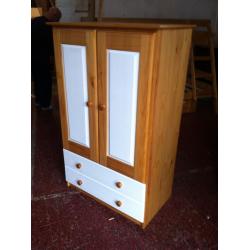 Kids Tall Boy wardrobe with 2 drawers in Antique Pine and White - Ex-Dipslay local delivery possible