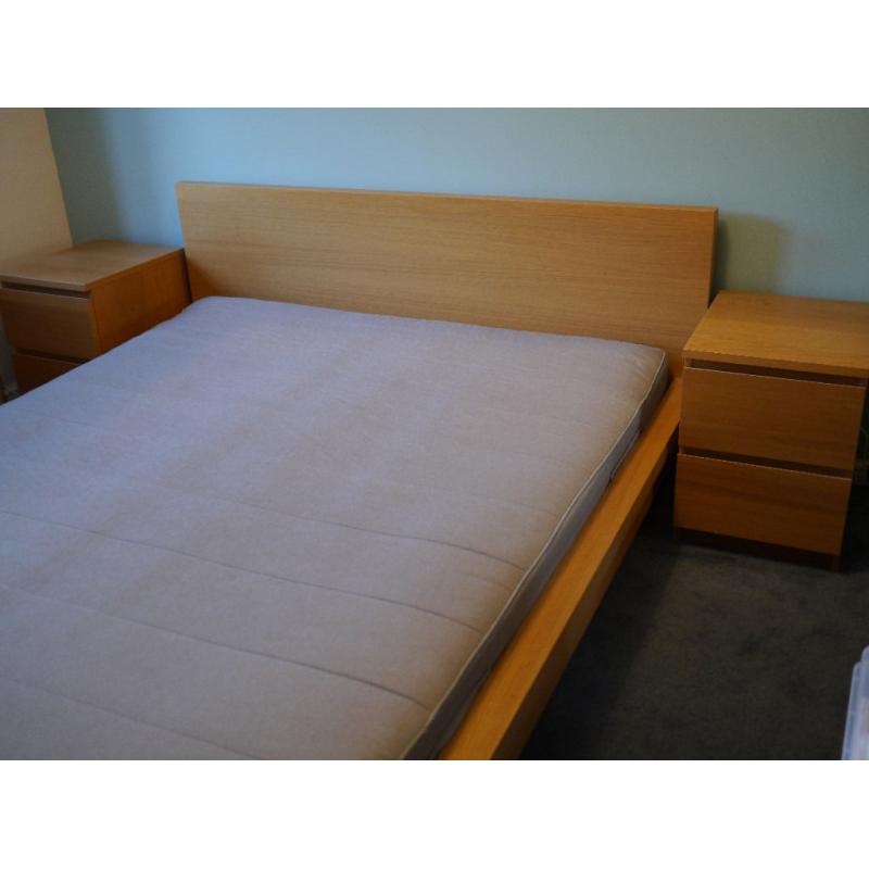 MALM Kingsize bed frame with mattress and two bedside drawers