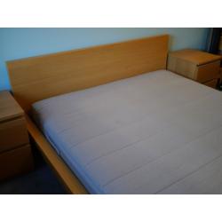 MALM Kingsize bed frame with mattress and two bedside drawers