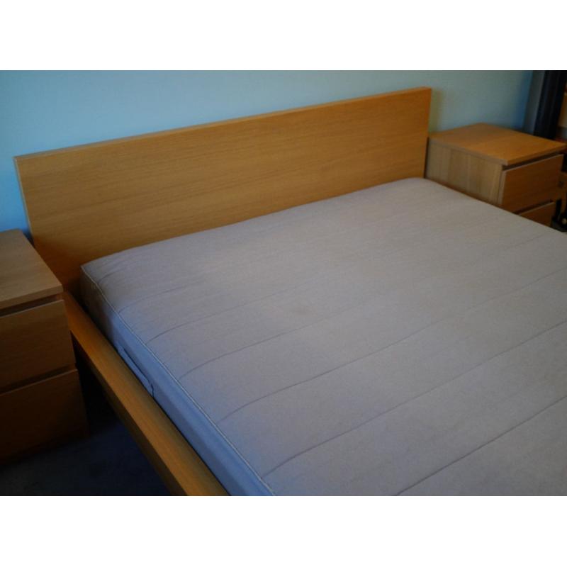 MALM Kingsize bed frame with mattress and two bedside drawers