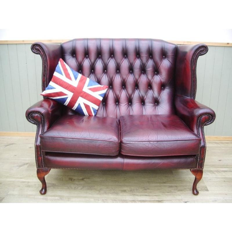 Oxblood leather Chesterfield Queen Anne 2 Seater Sofa.