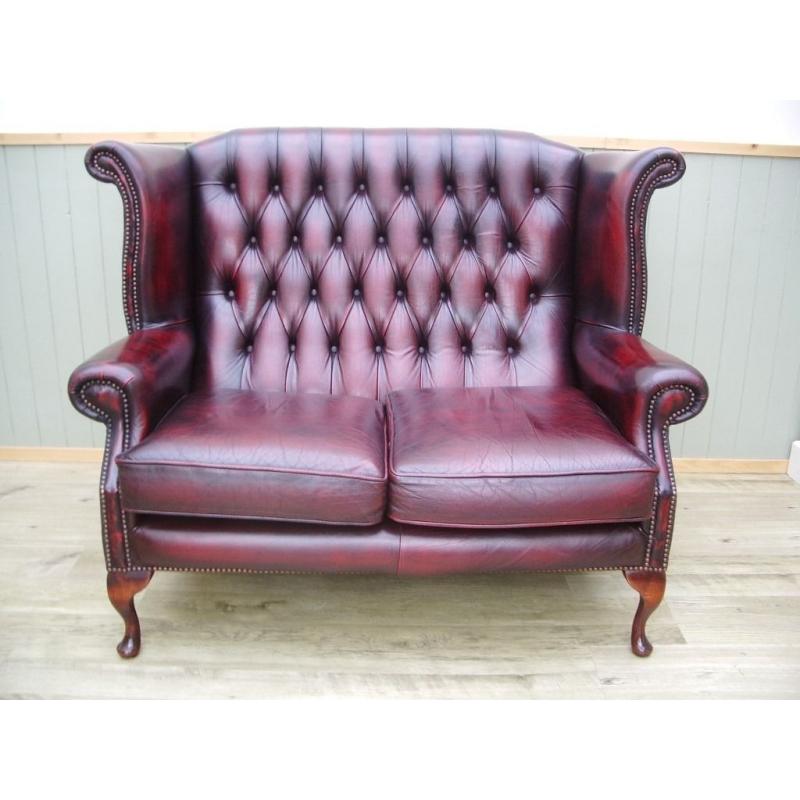 Oxblood leather Chesterfield Queen Anne 2 Seater Sofa.