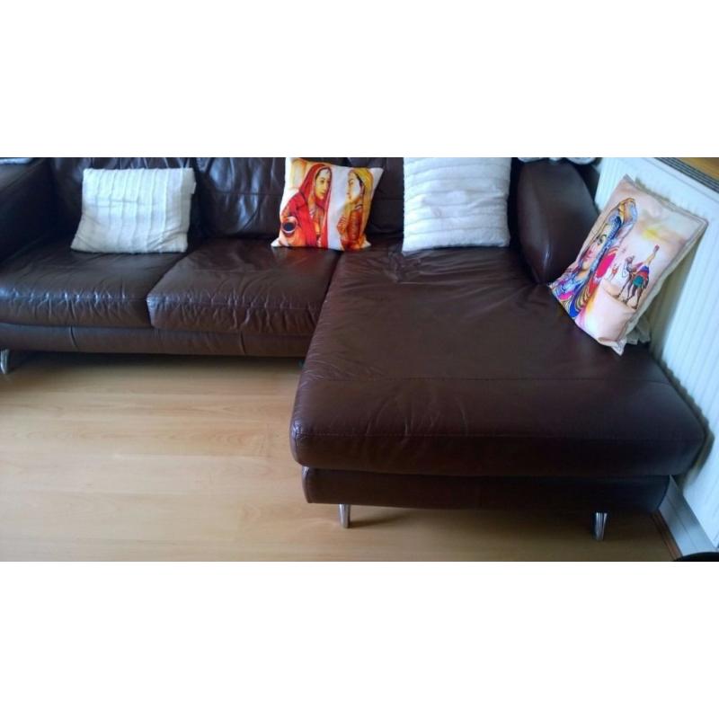 URGENT Large leather Brown Corner sofa+ 2 leather revolving Armchairs set, need to go today