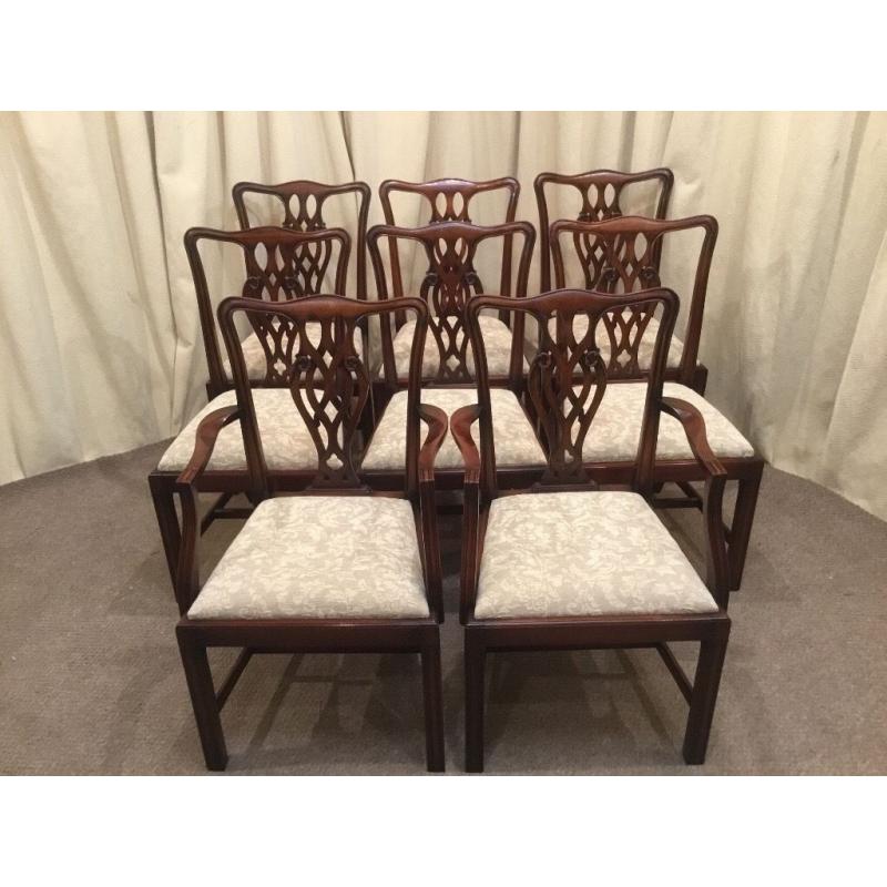 8 Georgian Chippendale Mahogany Dining Chairs - Repro - 2 Carvers 6 Diners