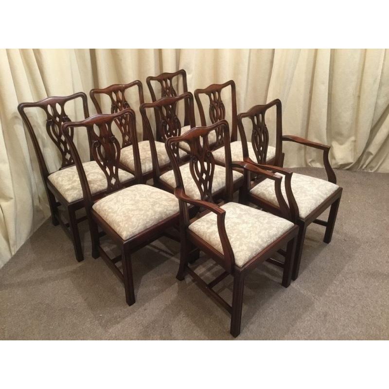 8 Georgian Chippendale Mahogany Dining Chairs - Repro - 2 Carvers 6 Diners