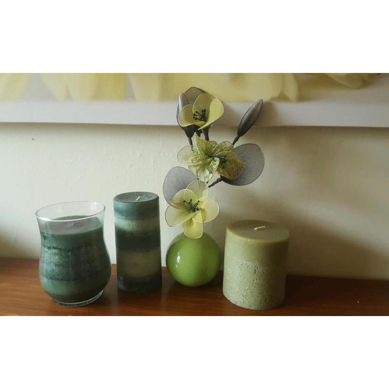 3 Green Candles, 1 Glass Vase with Artificial Flowers