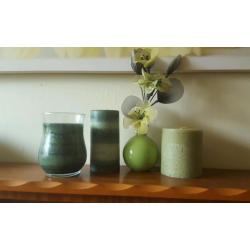 3 Green Candles, 1 Glass Vase with Artificial Flowers