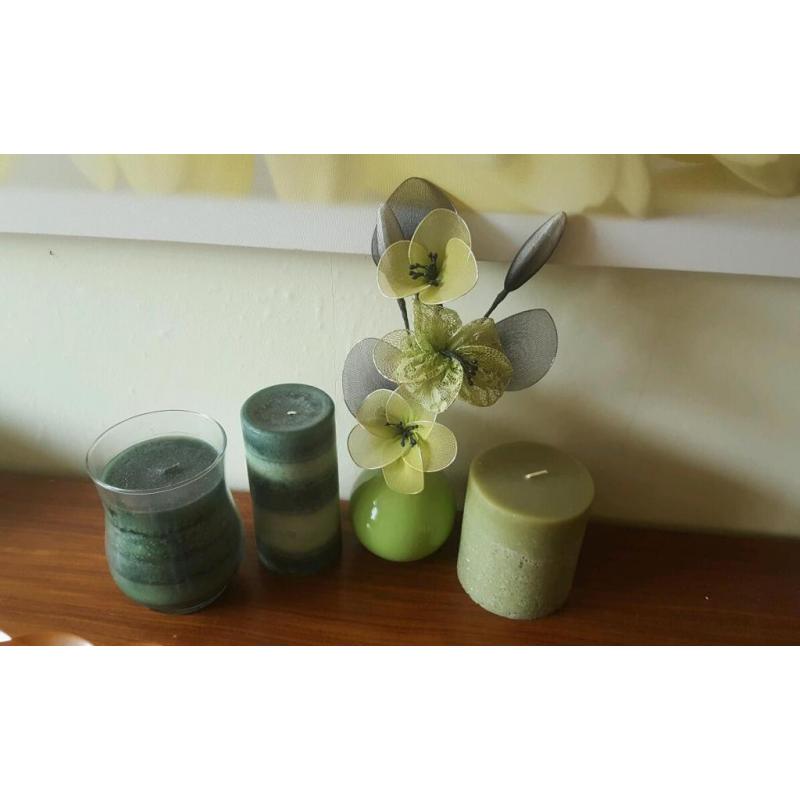 3 Green Candles, 1 Glass Vase with Artificial Flowers