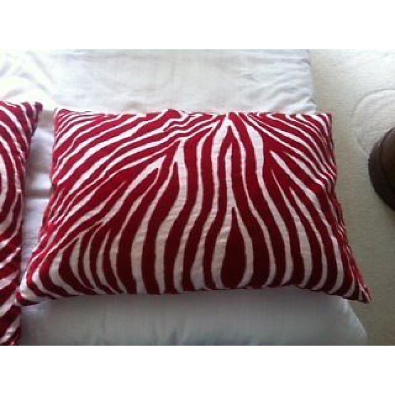 2 red zebra print cushions and red rectangle cushion