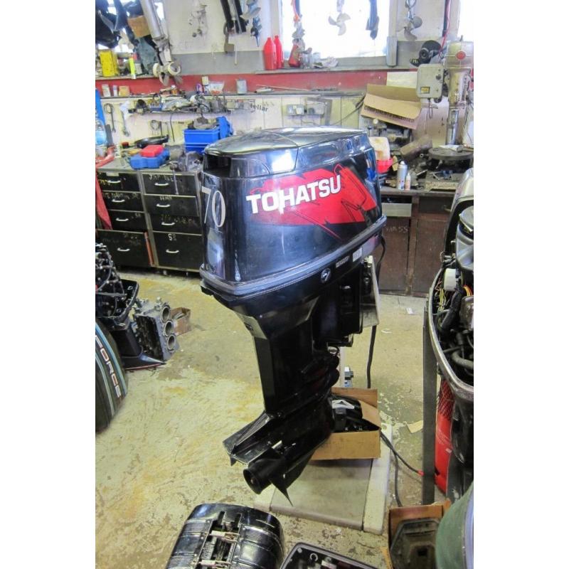 70hp tohatsu 2 stroke, power trim, oil injection, serviced inc controls, outboard boat engine