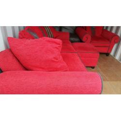 DFS RED 3 SEATER SOFA , STORAGE FOOTSTOOL & ARMCHAIR FOR SALE.