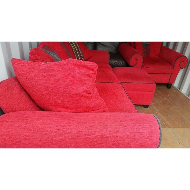 DFS RED 3 SEATER SOFA , STORAGE FOOTSTOOL & ARMCHAIR FOR SALE.