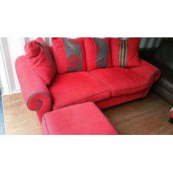 DFS RED 3 SEATER SOFA , STORAGE FOOTSTOOL & ARMCHAIR FOR SALE.