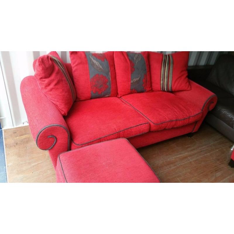 DFS RED 3 SEATER SOFA , STORAGE FOOTSTOOL & ARMCHAIR FOR SALE.