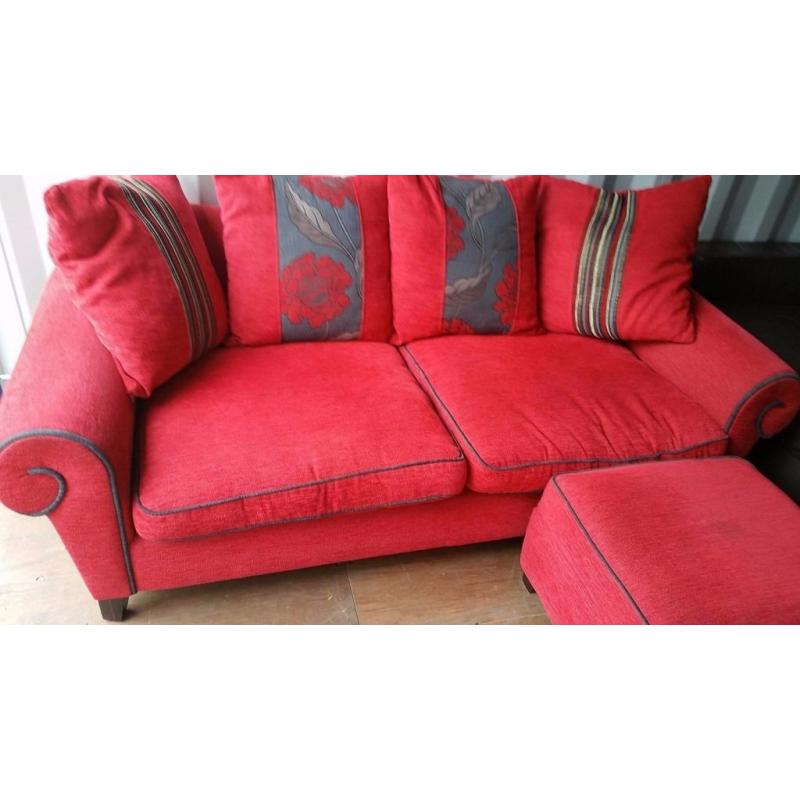 DFS RED 3 SEATER SOFA , STORAGE FOOTSTOOL & ARMCHAIR FOR SALE.