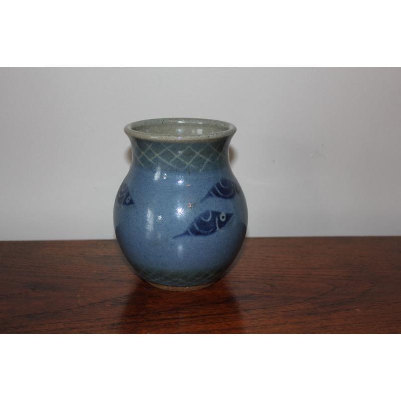 Handmade Blue Vase Painted With a Shoal of Fish Design Studio Pottery Nautical Maritime