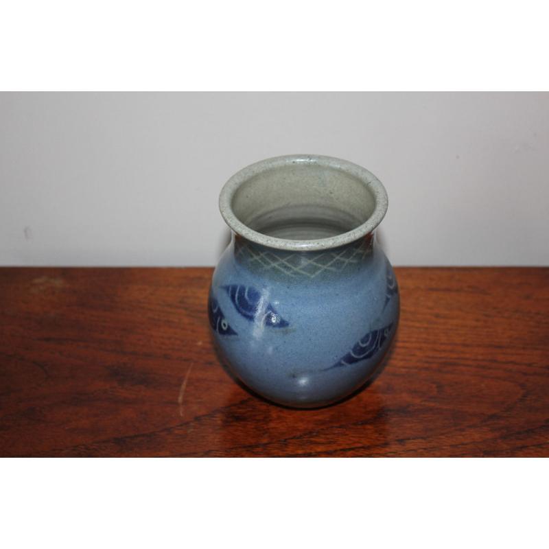 Handmade Blue Vase Painted With a Shoal of Fish Design Studio Pottery Nautical Maritime