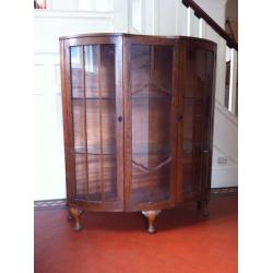 Vintage or Antique Art Deco Large Oak Cabinet Glass Door Cupboard Shabby Chic Project / Can Deliver