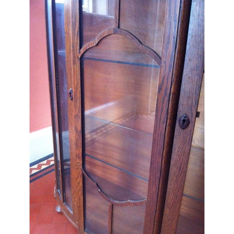 Vintage or Antique Art Deco Large Oak Cabinet Glass Door Cupboard Shabby Chic Project / Can Deliver