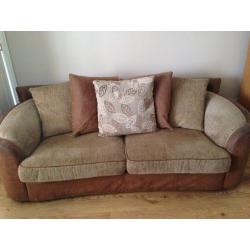 Light brown 2 and 3 seat sofas and footstool